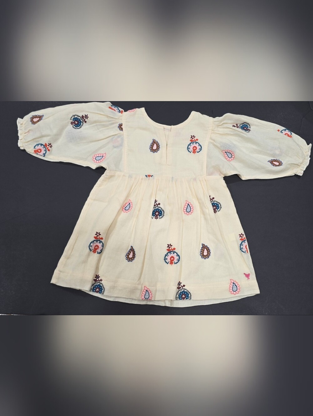 Pink Chicken Ava Bella Cream Embroidered Puff-Sleeve Dress w Multicolor Motifs